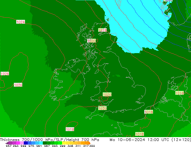 Espesor 700-1000 hPa UK-Global lun 10.06.2024 12 UTC