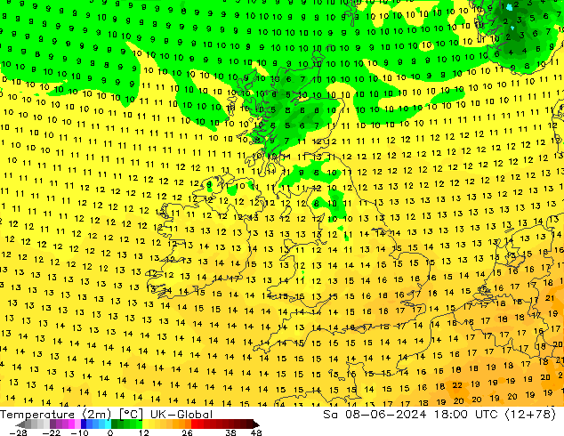 Temperature (2m) UK-Global Sa 08.06.2024 18 UTC