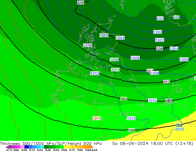 Thck 500-1000гПа UK-Global сб 08.06.2024 18 UTC