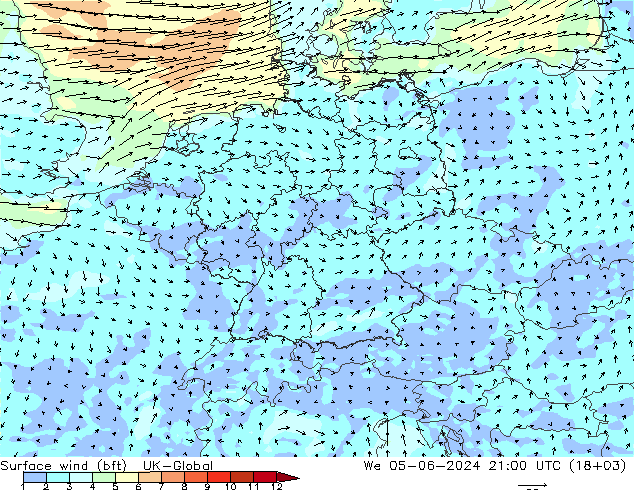 Bodenwind (bft) UK-Global Mi 05.06.2024 21 UTC
