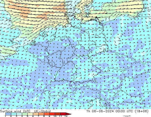 Surface wind (bft) UK-Global Th 06.06.2024 00 UTC