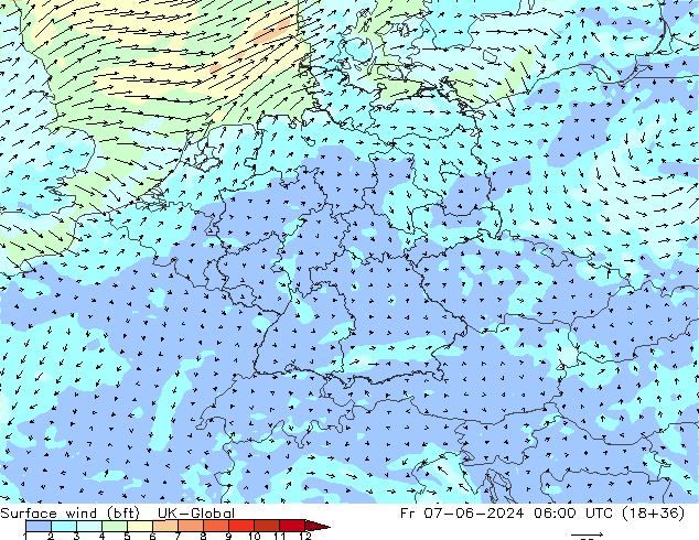 Wind 10 m (bft) UK-Global vr 07.06.2024 06 UTC