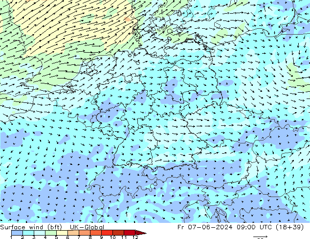 Surface wind (bft) UK-Global Fr 07.06.2024 09 UTC