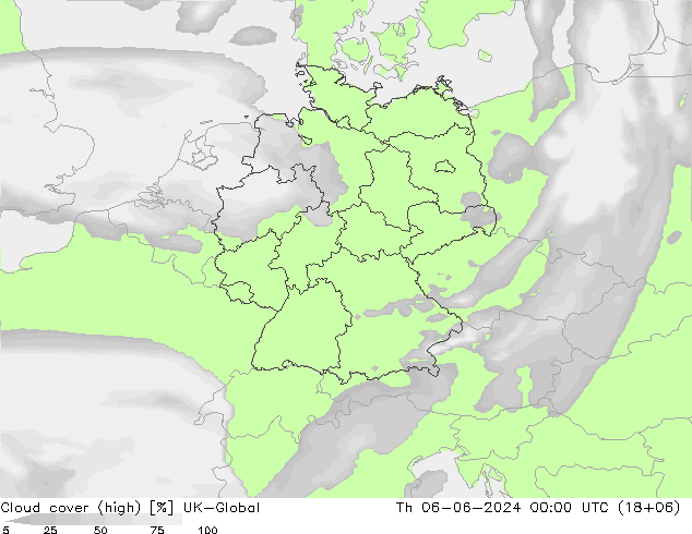 Cloud cover (high) UK-Global Th 06.06.2024 00 UTC