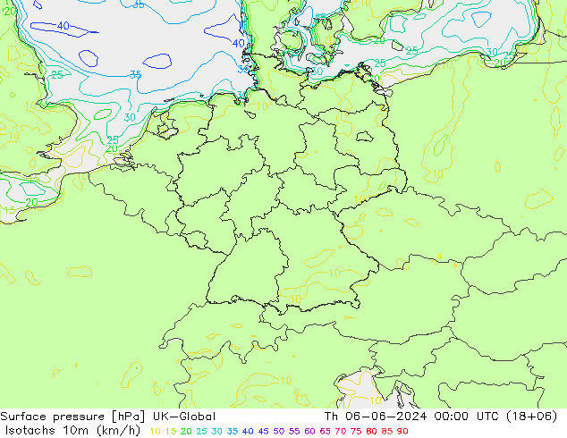 Isotachs (kph) UK-Global чт 06.06.2024 00 UTC