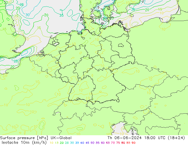 Isotachs (kph) UK-Global Th 06.06.2024 18 UTC