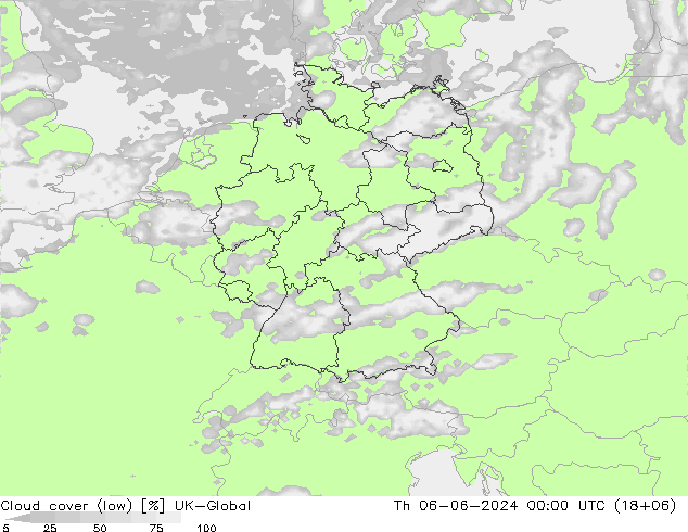 Cloud cover (low) UK-Global Th 06.06.2024 00 UTC