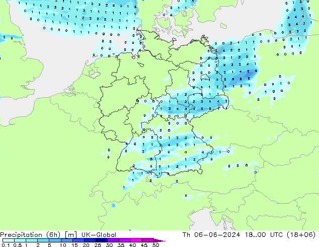 降水量 (6h) UK-Global 星期四 06.06.2024 00 UTC