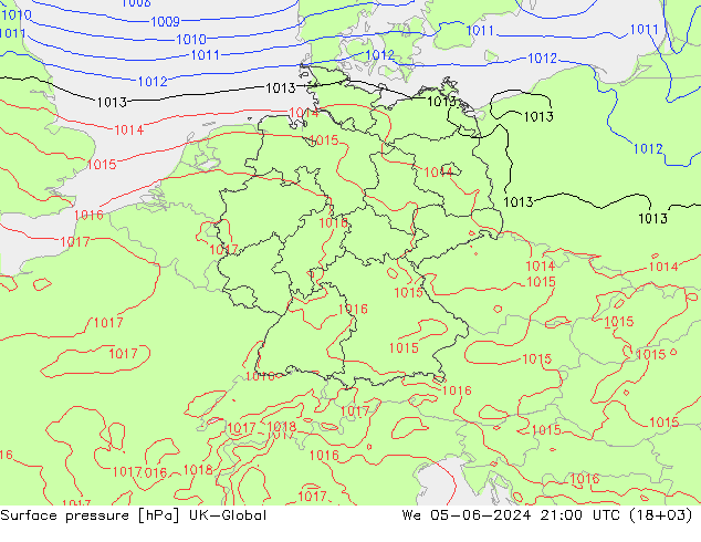 地面气压 UK-Global 星期三 05.06.2024 21 UTC