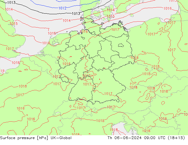 Presión superficial UK-Global jue 06.06.2024 09 UTC