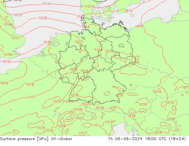 Presión superficial UK-Global jue 06.06.2024 18 UTC