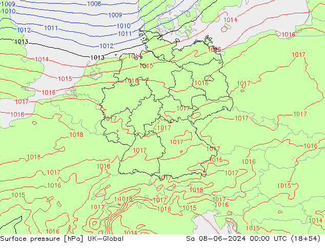 Pressione al suolo UK-Global sab 08.06.2024 00 UTC