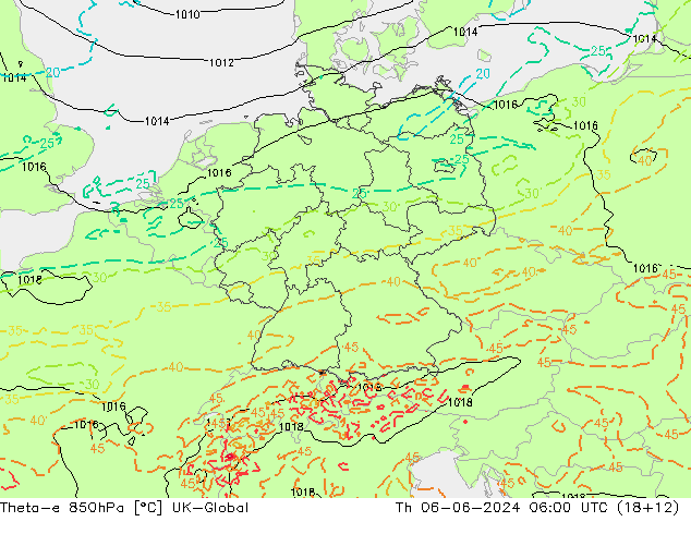 Theta-e 850hPa UK-Global Th 06.06.2024 06 UTC
