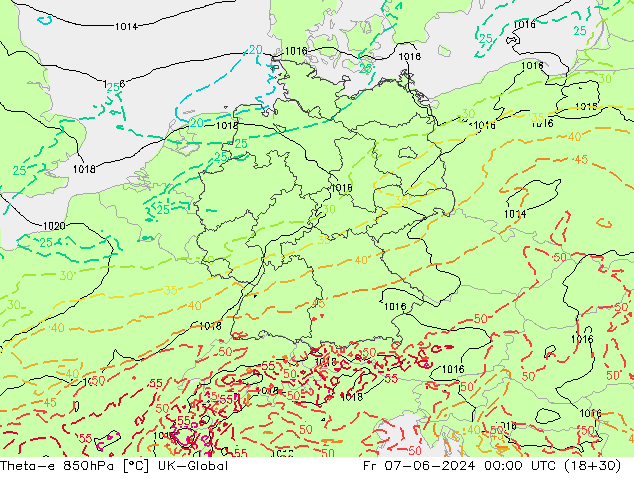 Theta-e 850hPa UK-Global ven 07.06.2024 00 UTC