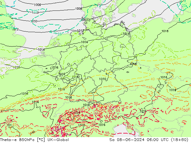 Theta-e 850hPa UK-Global Sa 08.06.2024 06 UTC