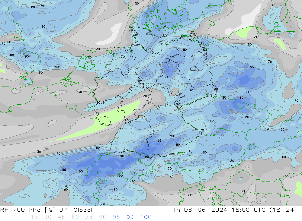 Humedad rel. 700hPa UK-Global jue 06.06.2024 18 UTC