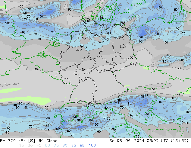 Humedad rel. 700hPa UK-Global sáb 08.06.2024 06 UTC