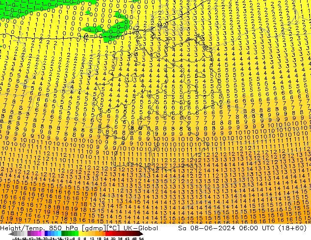 Height/Temp. 850 hPa UK-Global  08.06.2024 06 UTC