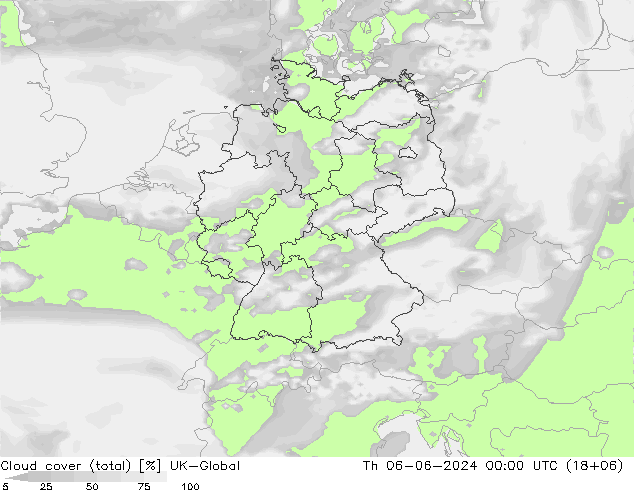 Cloud cover (total) UK-Global Th 06.06.2024 00 UTC