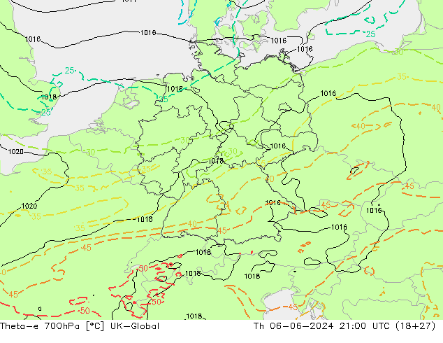 Theta-e 700hPa UK-Global jue 06.06.2024 21 UTC