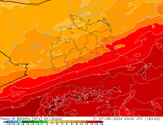Theta-W 850hPa UK-Global Fr 07.06.2024 03 UTC