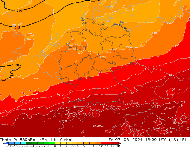 Theta-W 850гПа UK-Global пт 07.06.2024 15 UTC