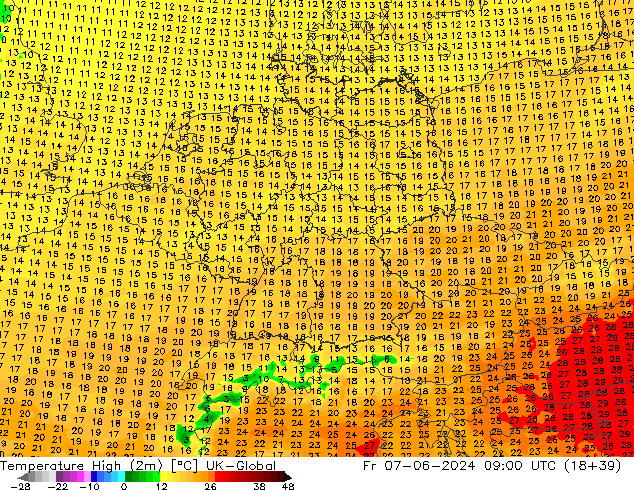 Max.temperatuur (2m) UK-Global vr 07.06.2024 09 UTC