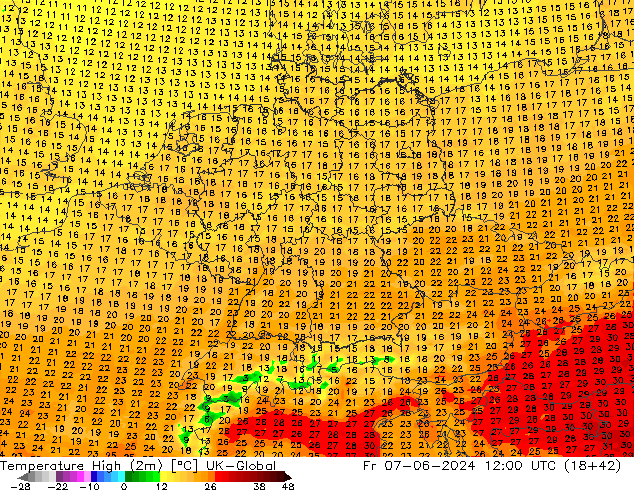 Max. Temperatura (2m) UK-Global pt. 07.06.2024 12 UTC