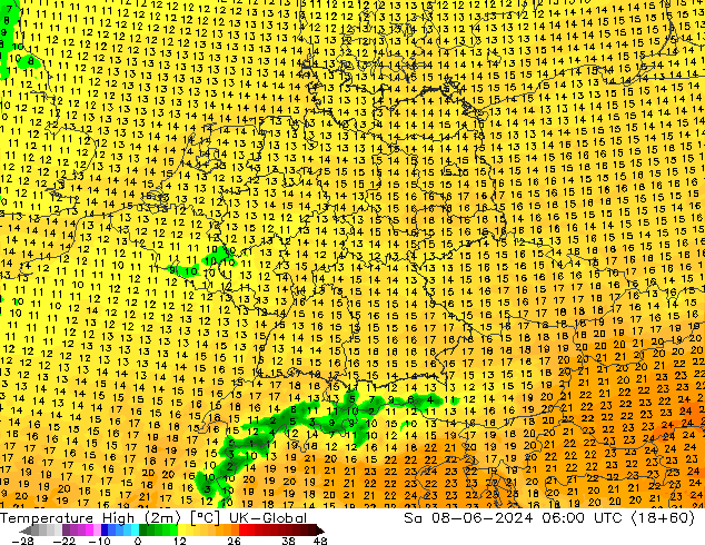 température 2m max UK-Global sam 08.06.2024 06 UTC