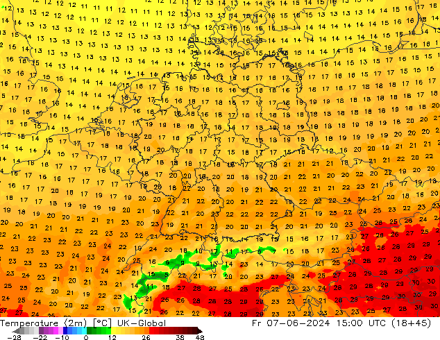 mapa temperatury (2m) UK-Global pt. 07.06.2024 15 UTC