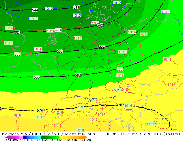 Espesor 500-1000 hPa UK-Global jue 06.06.2024 00 UTC