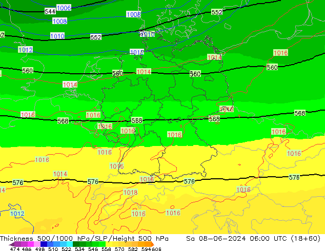 Thck 500-1000гПа UK-Global сб 08.06.2024 06 UTC