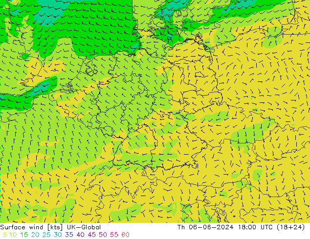 Viento 10 m UK-Global jue 06.06.2024 18 UTC