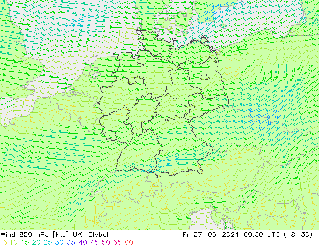 Wind 850 hPa UK-Global Fr 07.06.2024 00 UTC