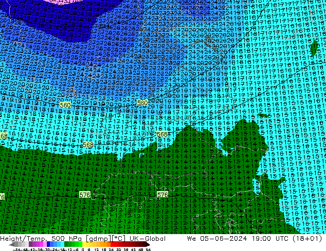 Height/Temp. 500 hPa UK-Global śro. 05.06.2024 19 UTC