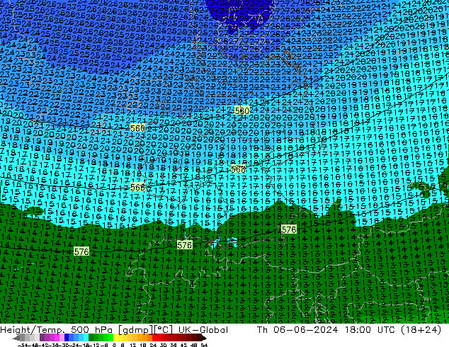 Height/Temp. 500 гПа UK-Global чт 06.06.2024 18 UTC