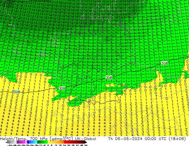 Height/Temp. 700 hPa UK-Global Th 06.06.2024 00 UTC