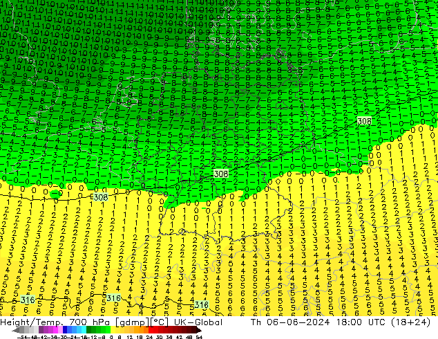 Hoogte/Temp. 700 hPa UK-Global do 06.06.2024 18 UTC