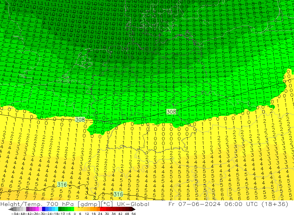 Height/Temp. 700 hPa UK-Global Sex 07.06.2024 06 UTC