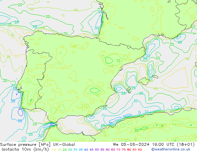 Isotachs (kph) UK-Global We 05.06.2024 19 UTC