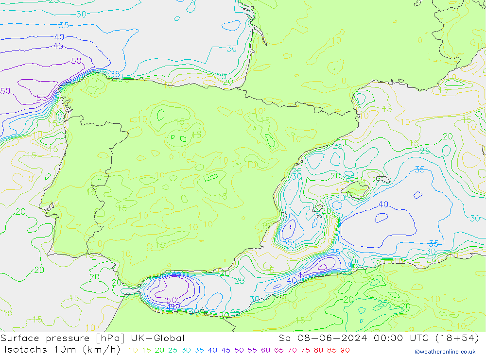 Izotacha (km/godz) UK-Global so. 08.06.2024 00 UTC