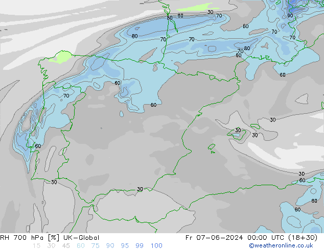 Humidité rel. 700 hPa UK-Global ven 07.06.2024 00 UTC