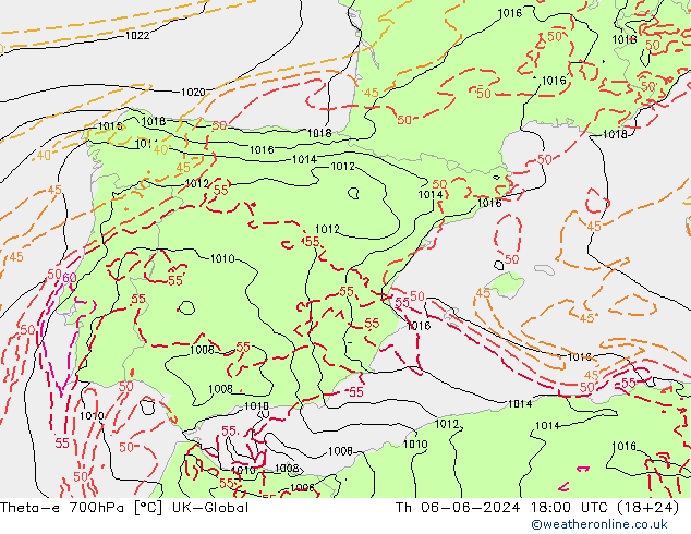 Theta-e 700hPa UK-Global jue 06.06.2024 18 UTC