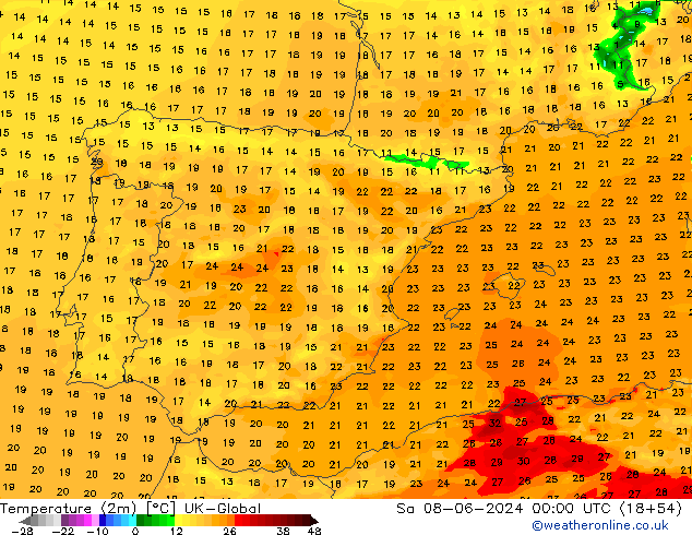 mapa temperatury (2m) UK-Global so. 08.06.2024 00 UTC