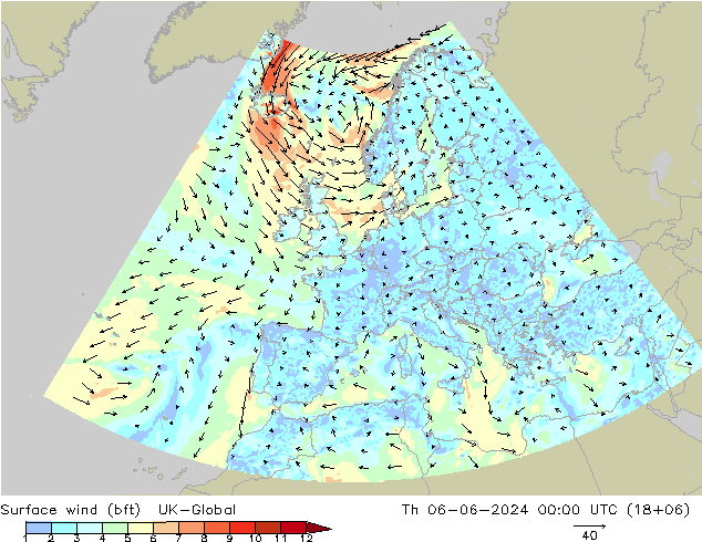 Rüzgar 10 m (bft) UK-Global Per 06.06.2024 00 UTC