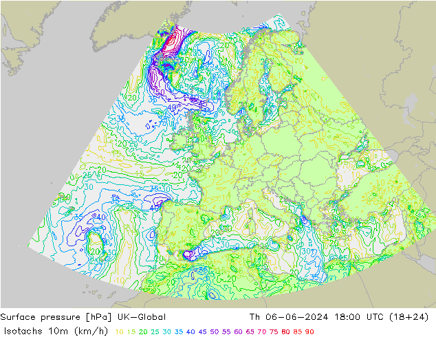 Isotachen (km/h) UK-Global Do 06.06.2024 18 UTC