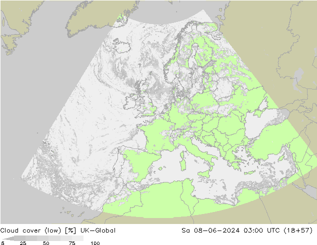 Bewolking (Laag) UK-Global za 08.06.2024 03 UTC