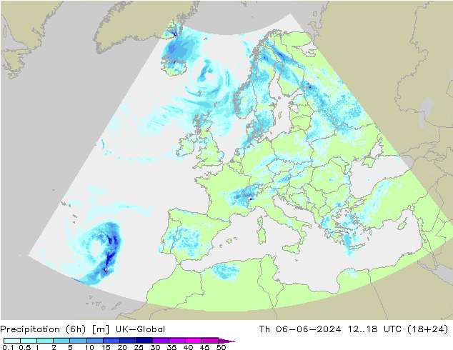 Précipitation (6h) UK-Global jeu 06.06.2024 18 UTC