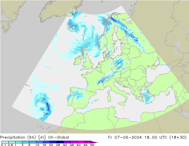 Précipitation (6h) UK-Global ven 07.06.2024 00 UTC