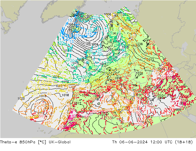 Theta-e 850hPa UK-Global Th 06.06.2024 12 UTC